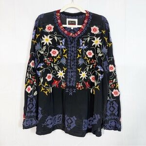 Johnny Was Biya Mariposa Floral Embroidered Silk Blouse Top Black Multicolor